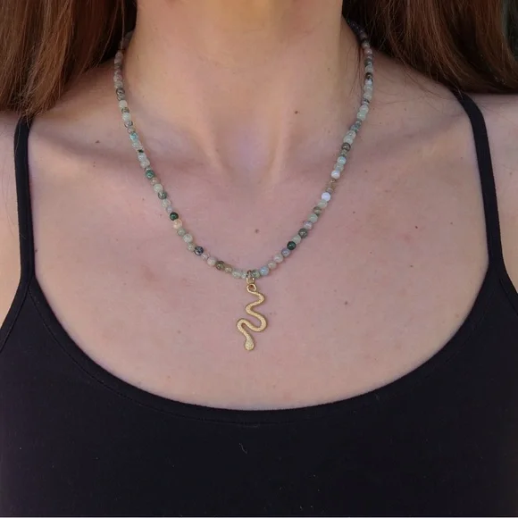 Multicolor Gemstone Beaded Necklace with Gold Snake Charm - Picture 1 of 5